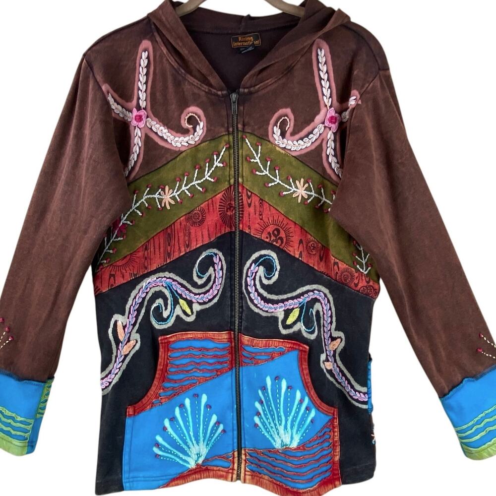 Rising International 100% Cotton Zip Sweatshirt Hoodie Jacket Size L/XL Boho